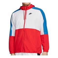 Nike Sportswear Colorblock hooded Logo Jacket 'Red White Blue' CJ4561-657 (Men's) Hooded Nylon Track Jacket For Sports Season, Nike Sporty Hooded Jacket For Sports Season, White Sportswear Windbreaker With Drawstring Hood, Sporty White Nylon Hooded Jacket, Nike Light Sports Outerwear With Drawstring Hood, White Nike Hooded Jacket For Sports, Nike Hooded Windbreaker For Sports Season, Sporty Color Block Hoodie For Sports, Red Casual Windbreaker For Sports Events