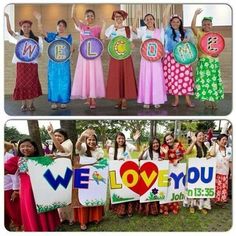 several women in colorful dresses holding up signs and posing for pictures with their names on them