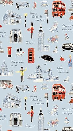 a blue wallpaper with different types of london symbols and people in the city on it