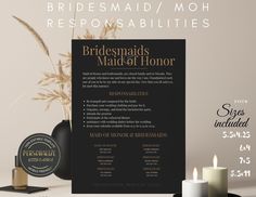 a black and gold wedding program is displayed next to two white candles, one with the word bridesmaid / moh responsabilities