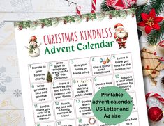 a printable christmas calendar with santa clause and snowman on it, surrounded by holiday decorations