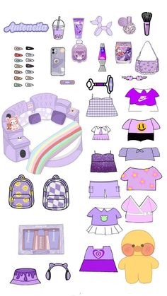 paper doll clothes and accessories are arranged on a white background