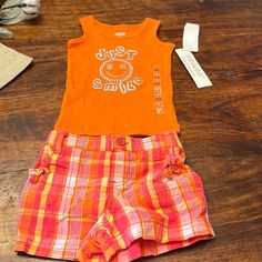 Orange “ Just Smile” Short Set Net Newborn Sleeper, Pink Overalls, 2 Piece Short Set, Short Tank Top, Baby Girl Shorts, Vintage Baby Girl, Bodysuit Dress, Just Smile, Pink Tank Top