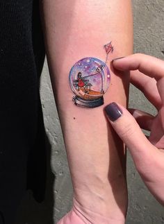 Snow Globe Tattoo, Crystal Ball Tattoo, Globe Tattoo, Miniature Tattoos, Circular Tattoo, Small Arrow Tattoos, Globe Tattoos, Circle Tattoos, Circle Tattoo