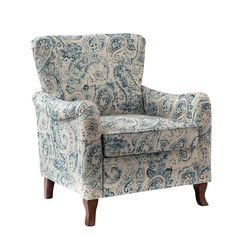 an upholstered chair with blue and white paisley fabric on the armrests