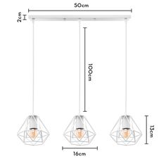 three lights hanging from the ceiling with measurements