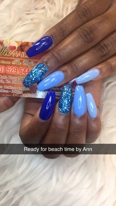 Multi Blue Nails, January Nails Ideas Gel, Clear Nail Designs, Blue Gel Nails, Blue Glitter Nails, August Nails, Clear Nail, Trendy Nail Art Designs