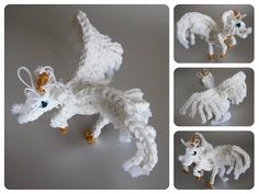 crocheted white dragon ornament with blue eyes and tail, on gray background