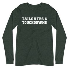 Tailgates and Touchdowns Shirt, Tailgate, College Top, Football Longsleeve, Game Day shirt Cheer on your favorite team this weekend with a new tailgates and touchdowns long sleeve shirt. Multiple color options, just select your teams color from the drop down menu. If you are between sizes, please size up. Enrich your wardrobe with a versatile long sleeve tee. For a casual look, combine it with your favorite jeans, and layer it with a button-up shirt, a zip-up hoodie, or a snazzy jacket. Dress it Formal Trousers, Game Day Shirts, Father Of The Bride, Professional Look, Look Plus, Maid Of Honor, Favorite Jeans, Long Sleeve Tee, Zip Up