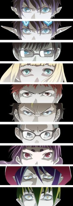 five different anime characters with blue eyes