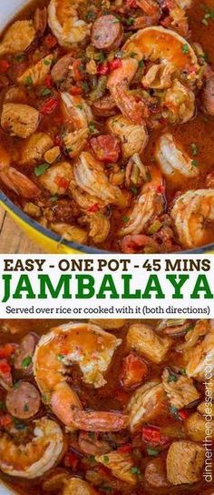 two pictures of food in a pan with the words easy one pot 4 mins jambala ya