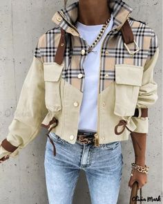 Olivia Mark - Long Sleeve Contrast Plaid Zip Biker Jacket Biker Chic, Casual Vest, Leather Outfit, Mode Inspiration, Short Jacket, Olivia Mark, Casual Jacket, Biker Jacket, Pocket Design