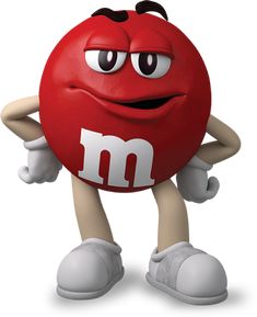 a red m & m's ball with eyes and hands on its hips, arms and legs