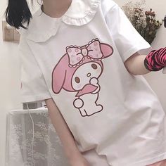 Kawaii Sanrio My Melody T-Shirt - Juneptune White Kawaii Crew Neck Top, Kawaii Cotton T-shirt With Letter Print, Pink Crew Neck T-shirt With Cute Design, Kawaii T-shirt With Cartoon Print Crew Neck, Cute Cartoon Print Crew Neck T-shirt, Cute Crew Neck T-shirt With Cartoon Print, White Short Sleeve T-shirt With Cartoon Print, Cute White Cotton T-shirt, Cute White Character Print Tops