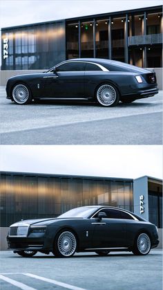 two photographs of a black rolls royce parked in front of a building with the doors open