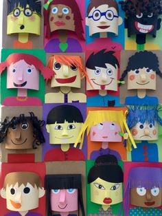 an art project made out of paper with people's faces and hair on them