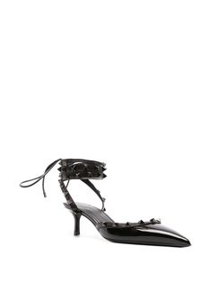 Valentino Garavani Rockstud patent-leather Pumps - Farfetch Luxury Black Ankle Strap Kitten Heels, Studded Ankle Strap Heels For Evening, Evening Ankle Strap Heels With Studs, Evening Studs Ankle Strap Heels, Studded Calf Leather Evening Heels, Studded Calf Leather Heels For Evening, Designer Heels With Ankle Strap And Studded Outsoles, Evening Heels With Studded Rubber Outsoles And Flat Heel, Luxury Patent Leather Kitten Heels For Party