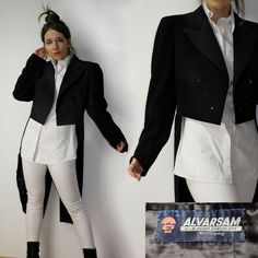 Vintage tuxedo blazer with longer tail.  Brand: Kaboom /  Alvarsam Size on the label: n/a  Measurements, flat: From armpit to armpit: 48 cm (18.90'') The length of the sleeve (measured from armpit): 44 cm (17.32'') Overall length: 111 cm (measured longest part in the back ) (43.70'') Model in the photos is size 8UK/4US; 164 cm/5'5''  Material: n/a  Very good  vintage condition (stained lining) PLEASE read description. For better fitting I would suggest you compare measurements to a garment that you have in your closet to ensure a proper fit. No returns in case of the bad fit! Due to camera and your monitor settings colors may appear slightly different than they are in real life. PLEASE read description. For better fitting I would suggest you compare measurements to a garment that you have Fitted Suit Costume For Winter, Fitted Winter Costume Suit, Winter Costume Suits With Long Sleeves, Classic Fitted Blazer For Costume, Fitted Classic Blazer For Costume, Tailored Costume Blazer, Costume Long Sleeve Blazer, Fitted Vintage Costume Blazer, 1950s Woman