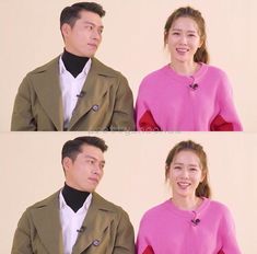 two pictures of a man and woman in pink sweaters sitting next to each other