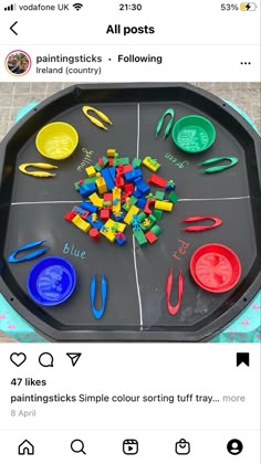 a tray with lots of different colored plastic toys on top of it, and an instagram post about them