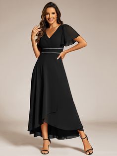 Elevate your evening attire with our Double V-Neck Waist Trimmed Chiffon Formal Evening Dress. This sophisticated gown features a flattering double V-neckline and a beautifully trimmed waist, accentuating your silhouette. Crafted from lightweight chiffon, it ensures comfort and elegance, perfect for formal events. Designed to make you feel graceful and stylish, this dress is an ideal choice for any special occasion. Fit: Please refer to size chart. Length: Tea Length. Sleeve Style: Short sleeves. Closure: It is concealed a zipper up the back. Undergarments: It is not padded, with lining. Fabric:The garment comprises chiffon. Stretch: Fabric is no stretch. Fitted Chiffon V-neck Dress For Formal Occasions, Elegant Fitted Chiffon V-neck Dress, Chiffon V-neck Cocktail Dress, Chiffon V-neck Bridesmaid Evening Dress, Chiffon V-neck Evening Dress For Bridesmaids, Elegant Chiffon V-neck Dress, Fitted Chiffon V-neck Dress, Chiffon Party Dress With Empire Waist, Chiffon Dress With Empire Waist For Party