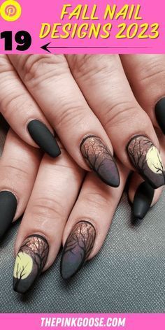 Nature Nail Art Ideas, Fun Nail Ideas For Fall, Beth Dutton Nails, Plant Theme Nails, October Nail Designs 2023, Trendy Fall Nails Gel, Halloween Nails Nail Art, Fall Witch Nails