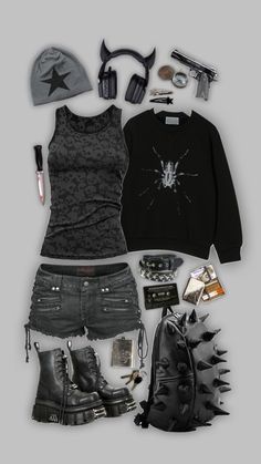 an assortment of clothing and accessories laid out on top of each other in front of a gray background