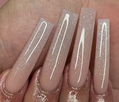 Long Shimmer Nails, Glitter Topcoat Nails, Plain Glitter Acrylic Nails, Clear Pink Acrylic Nails With Design, Neutral Long Nails, Champagne Ombre Nails, Tapered Square Nails Glitter, Clear Nude Acrylic Nails, Nude Ombre Nails With Glitter