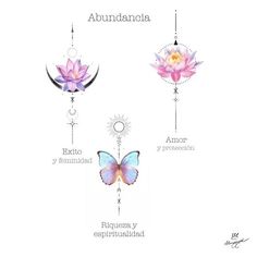 three different types of flowers and butterflies with the names of each flower, which are represented in