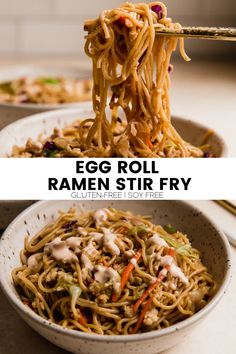 egg roll ramen stir fry in a white bowl with chopsticks over it