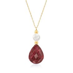 Ross-Simons - 6-7mm Cultured Pearl, 10.00ct Ruby Necklace in 14kt Yellow Gold. 20". Add a dash of drama to your day with this elegant necklace. A 10.00 carat pear-shaped ruby is eye-catching beneath a single 6-7mm cultured freshwater pearl and 3mm gold spacer beads. Suspends from a 14kt yellow gold rope chain with a springring clasp. White pearl and ruby necklace. Ruby birthstones are the perfect gift for July birthdays. Pearl Drop Necklace, Ruby Birthstone, Detailed Necklace, Gold Rope Chains, Yellow Gold Jewelry, Ruby Necklace, Ruby Earrings, Ruby Stone, Ruby Jewelry