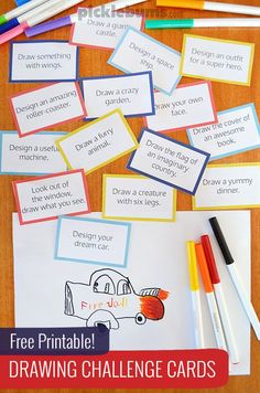 free printable drawing challenge cards for kids to practice their handwriting and coloring skills