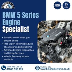 an ad for bmw engines and parts in the background is a blue sign that says bmw 5 series engine specialist