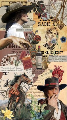 the collage has many different images and words on it, including an image of a man