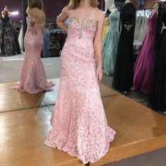 Tiffany Designs Embroidered Lace & Rhinestone Overlay Dress. Evening Lace Dresses With Rhinestones, Elegant Lace Dress With Rhinestones, Tiffany Designs Prom Dress, Orange Gown, Tiffany Dresses, Barbie Pink Dress, Wedding Dress Size 10, Pageant Wear, Beaded Formal Dress