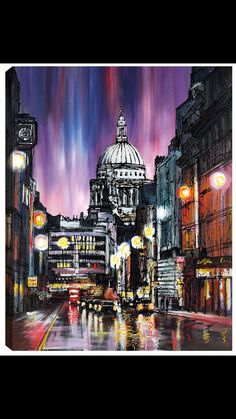 a painting of the st paul's cathedral in london at night with lights on