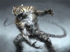 a digital painting of a tiger leaping in the air with it's front paws out