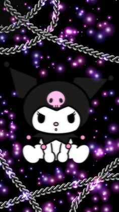 a cat with chains around it's neck on a purple and black background filled with stars