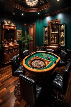 An upscale private casino room with a roulette table, ornate furnishings, and a radiant chandelier. Room Ideas Men, Cool Basement Ideas, Casino Room, Snooker Room, Bourbon Room, Man Cave Design