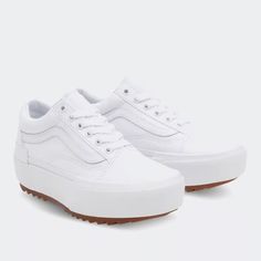 Take Your Fit To A Whole New Level In The Vans Old Skool Stacked Sneakers. Highlighting Oversized Features And Unexpected Layers Like Platform Bumpers, Exaggerated Outsoles, And Translucent Foxing Tape, This Elevated Platform Shoe Updates A Cult Favorite While Maintaining All Of The Original Vans Dna-Including The Iconic Sidestripe. It Also Includes Lace-Up Canvas Uppers And Supportive Padded Collars. Vans’ Iconic Sidestripe Shoe Updated With Oversized Features Platform Bumpers Exaggerated Outso Platform Shoe, Vans White, Vans Old Skool, Womens Vans, Side Stripe, Old Skool, Vans Shoes, Platform Shoes, Womens Shoes Sneakers