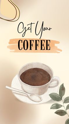 a cup of coffee sitting on top of a white saucer next to a plant