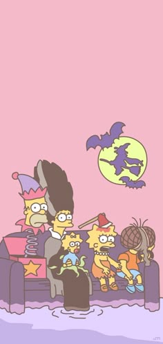 the simpsons family is sitting on a couch in front of a full moon and bats