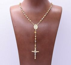 "4mm Tri-Color Diamond Cut Cross Rosary Crucifix Necklace Real 10K Tri Color Gold * Metal : Real 10K Tri Color Gold (Properly Stamped, 10K) * Condition : Brand New * Finish : Polished * Avg Weight : 20\" = 12.36 grams 26\" = 12.75 grams * Length : Selectable + 4\" Drop * Width : Bead : 4mm = 1/8\" Cross : 21mm = Just over 13/16\" * Clasp/Bail : Lobster Lock (20\") All of our items are brand new and are shipped with a gift box." Anodized Aluminum Jewelry, Cross Rosary, Catholic Necklace, Crucifix Necklace, Karma Necklace, Gold Chain Choker, Gold Necklace Simple, Long Silver Necklace, Leather Corded Necklace