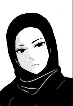 a black and white drawing of a woman wearing a hijab