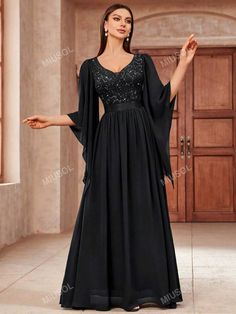 V-neck Chiffon Prom Dress In Georgette, Elegant Chiffon Party Dress, V-neck Chiffon Dress For Banquet, Chiffon V-neck Maxi Dress For Banquet, Flowy Chiffon V-neck Dress For Party, Floor-length Chiffon Dress For Cocktail, Floor-length Chiffon Cocktail Dress, Flowy Georgette Chiffon Dress For Banquet, Flowy Chiffon Georgette Dress For Banquet