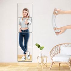 a woman standing in front of a mirror with her hands on her head and holding a cell phone to her ear