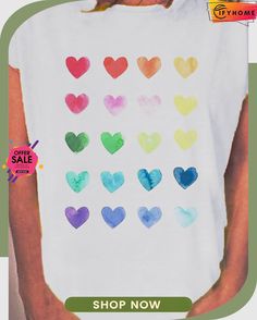 Summer Casual Printed Loose Short-sleeved T-shirt Summer Tops With Heart Graphic And Crew Neck, Casual T-shirt With Heart Graphic For Spring, Casual Heart Graphic T-shirt For Spring, Trendy Heart Graphic T-shirt For Summer, Spring Short Sleeve Top With Heart Graphic, Summer White Shirt With Heart Graphic, Multicolor Summer T-shirt With Heart Graphic, Spring Multicolor T-shirt With Heart Graphic, Multicolor Heart Graphic T-shirt For Spring