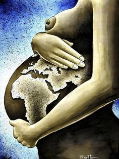 a painting of a pregnant woman holding the earth