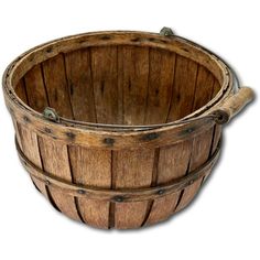 an old wooden basket is shown on a white background