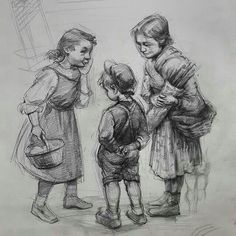 a drawing of three children standing next to each other